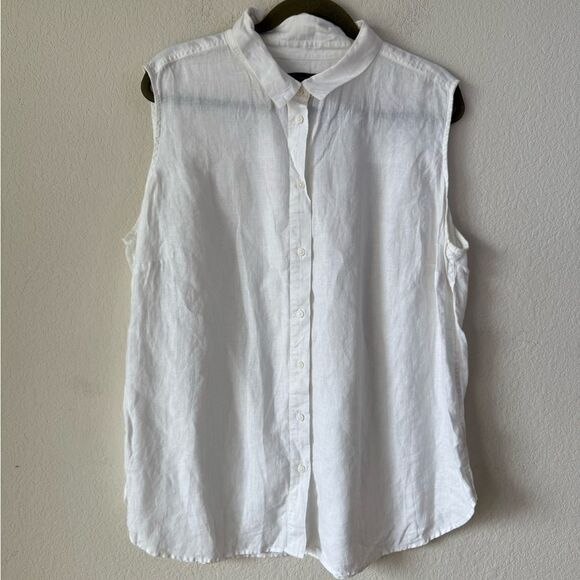 M&S Collection White 100% Linen Sleeveless Button-Up Shirt Blouse 16 Lagenlook - Picture 1 of 6